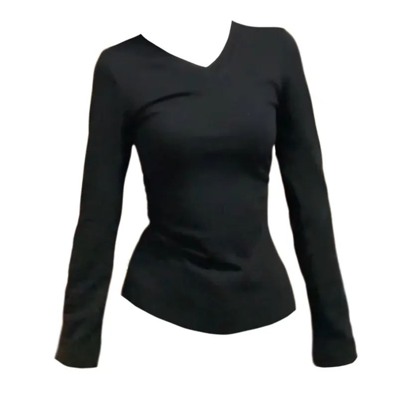 2025 Autumn Must-Have: Black V-Neck Slim Fit Long Sleeve T-Shirt