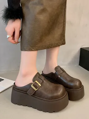 Belt Buckle Round-Toe Split-Joint Slippers&Mules Platform Shoes Loafers