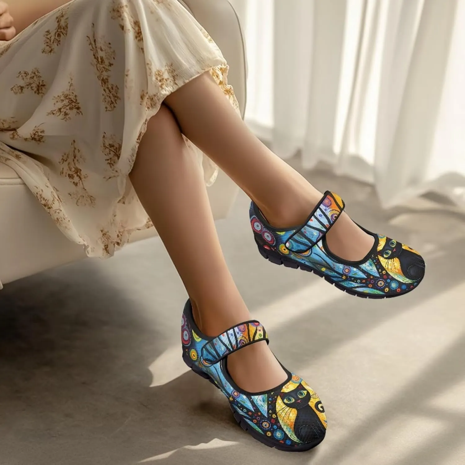 Binienty Mary Jane Shoes Women Mesh Knit Round Toe Slip On Walking Flat Shoes Breathable Soft-Soled
