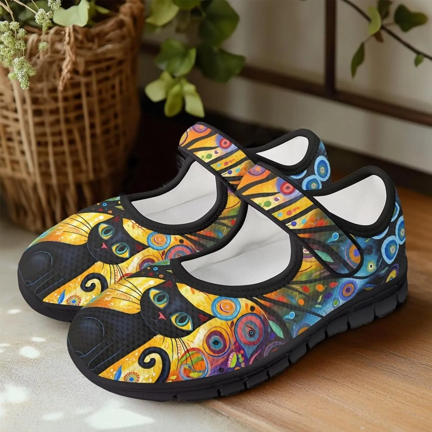 Binienty Mary Jane Shoes Women Mesh Knit Round Toe Slip On Walking Flat Shoes Breathable Soft-Soled