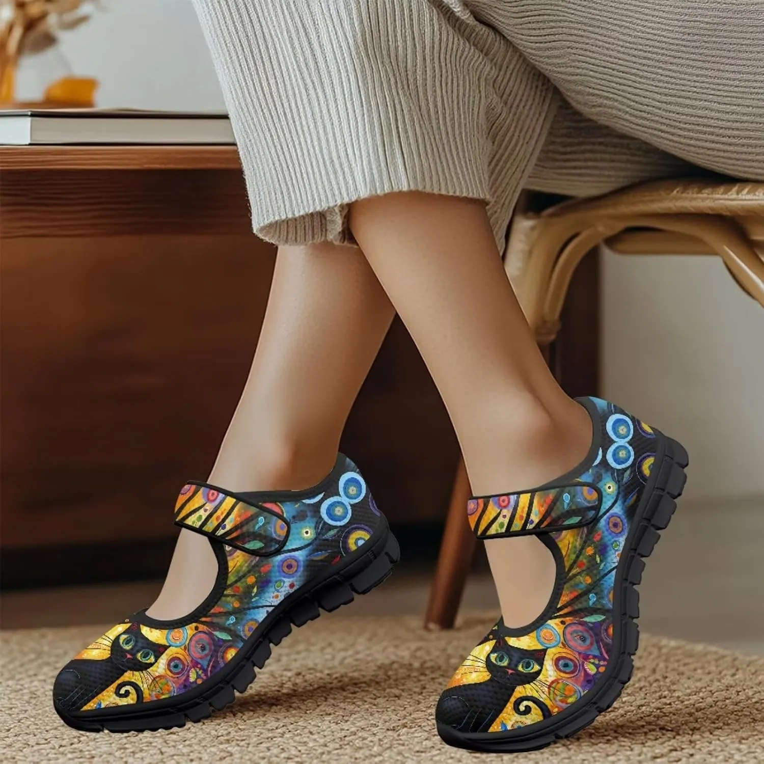 Binienty Mary Jane Shoes Women Mesh Knit Round Toe Slip On Walking Flat Shoes Breathable Soft-Soled