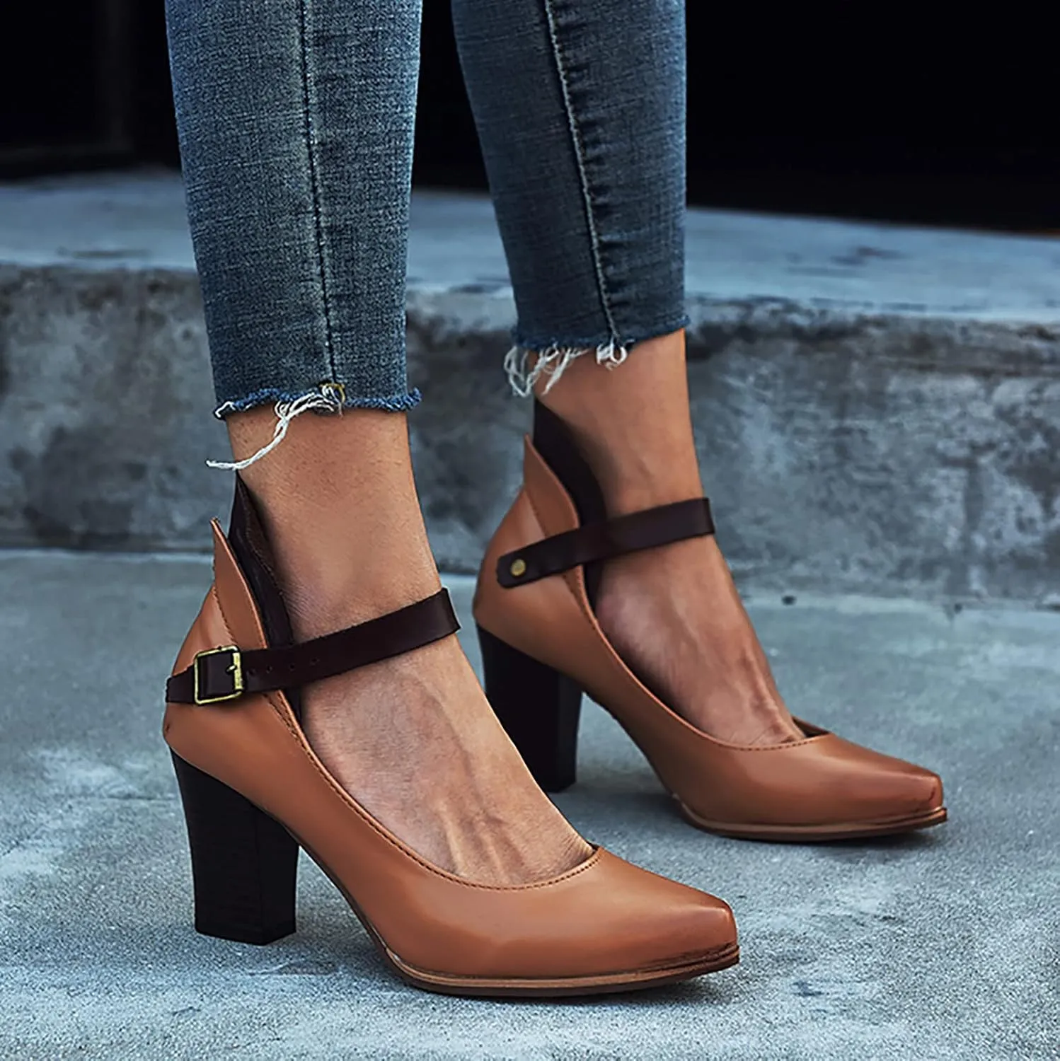 Block Heels Sandals for Women Fashion Pointed Toe Metal Buckle Strap Backless Square Heel Shoes Summer Solid Color Casual Office High Heels