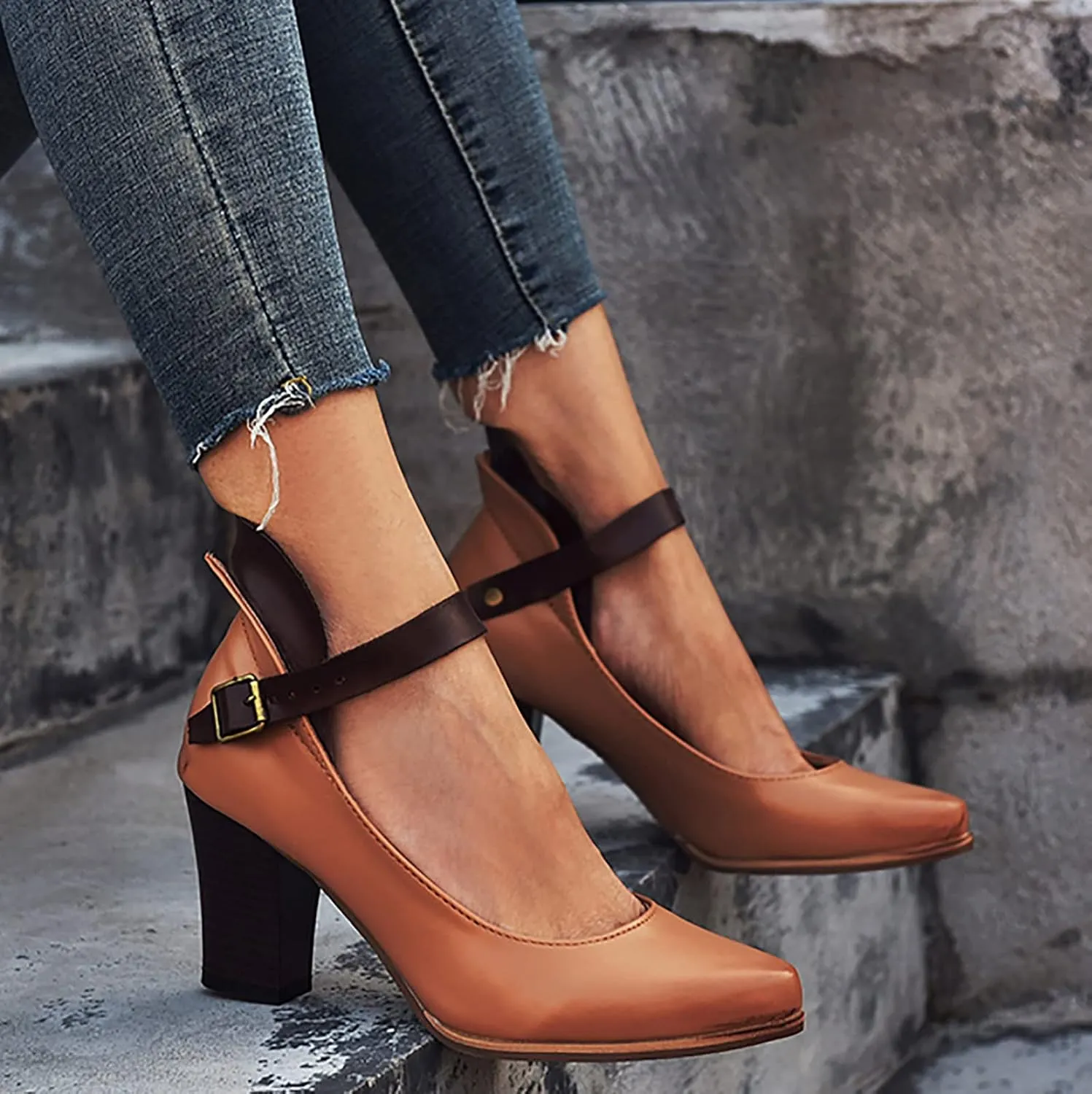 Block Heels Sandals for Women Fashion Pointed Toe Metal Buckle Strap Backless Square Heel Shoes Summer Solid Color Casual Office High Heels