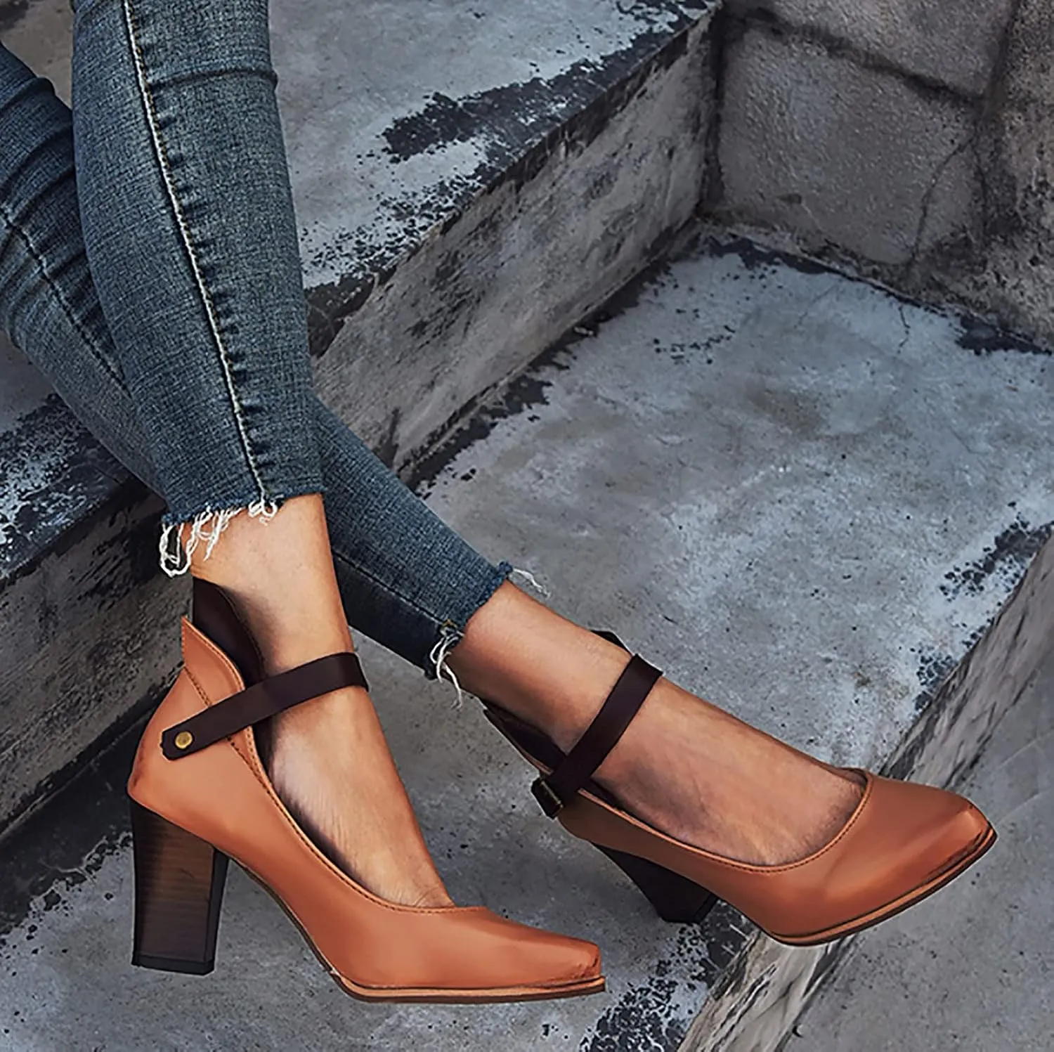 Block Heels Sandals for Women Fashion Pointed Toe Metal Buckle Strap Backless Square Heel Shoes Summer Solid Color Casual Office High Heels