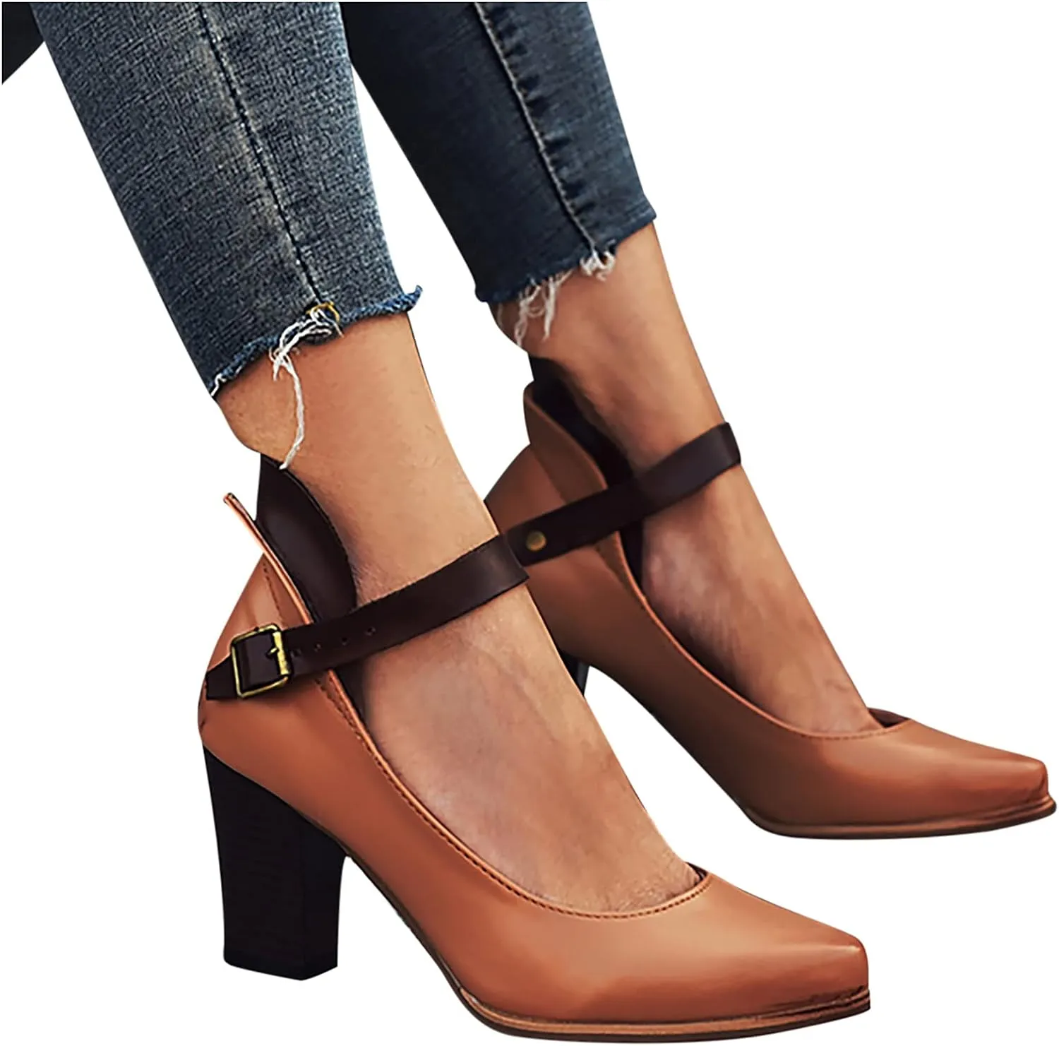 Block Heels Sandals for Women Fashion Pointed Toe Metal Buckle Strap Backless Square Heel Shoes Summer Solid Color Casual Office High Heels