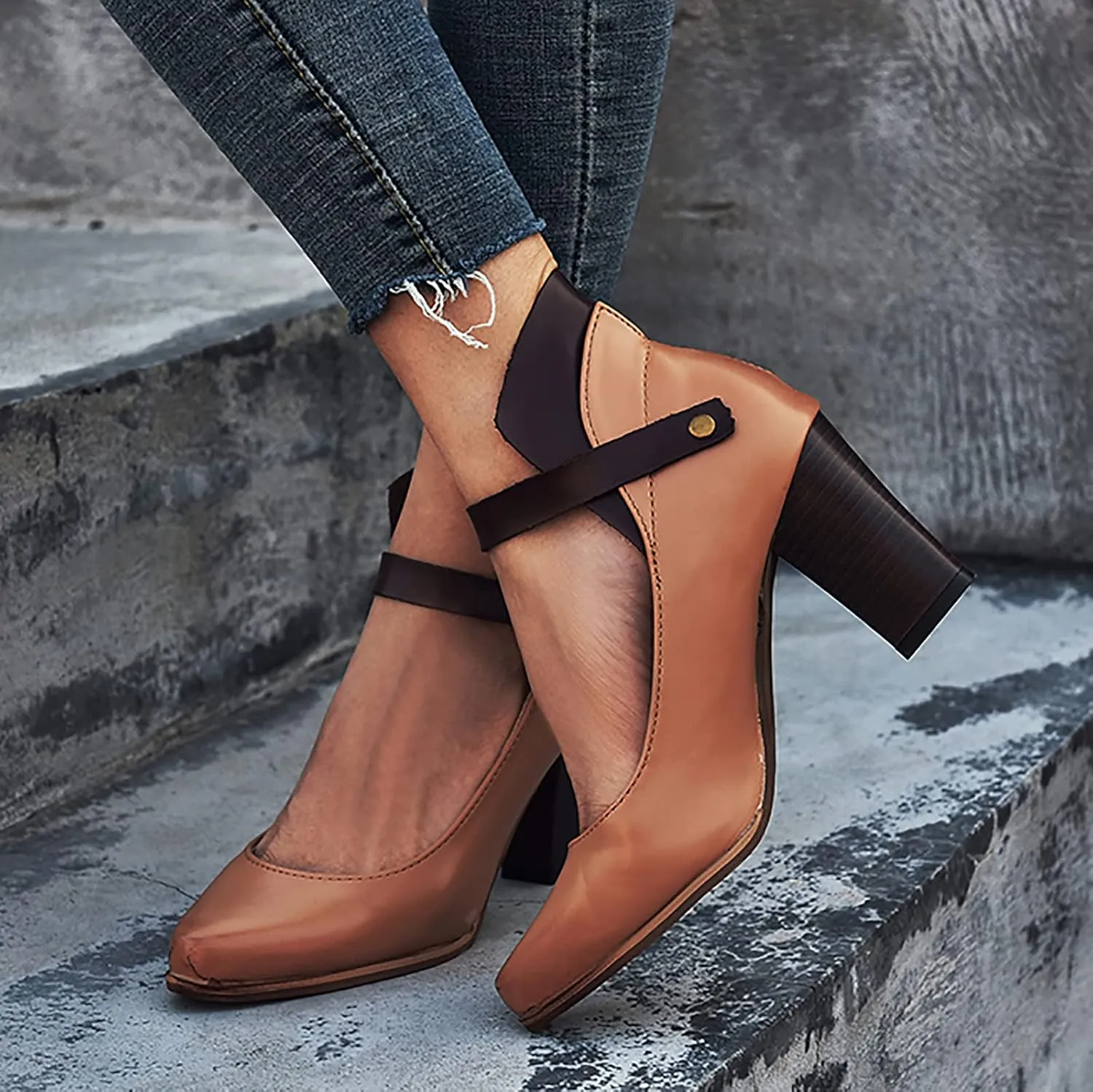 Block Heels Sandals for Women Fashion Pointed Toe Metal Buckle Strap Backless Square Heel Shoes Summer Solid Color Casual Office High Heels