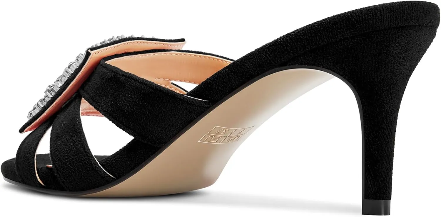 Castamere Womens Mid Heel Open Toe Slip-on Mules Shoes Sandals Rhinestone Crystal Gladiator Wedding Prom Casual 2.6 Inches Heels