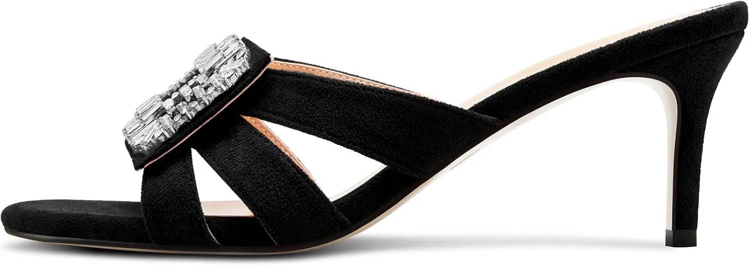 Castamere Womens Mid Heel Open Toe Slip-on Mules Shoes Sandals Rhinestone Crystal Gladiator Wedding Prom Casual 2.6 Inches Heels