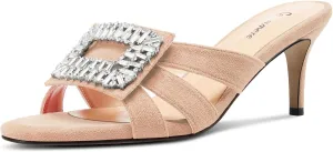 Castamere Womens Mid Heel Open Toe Slip-on Mules Shoes Sandals Rhinestone Crystal Gladiator Wedding Prom Casual 2.6 Inches Heels