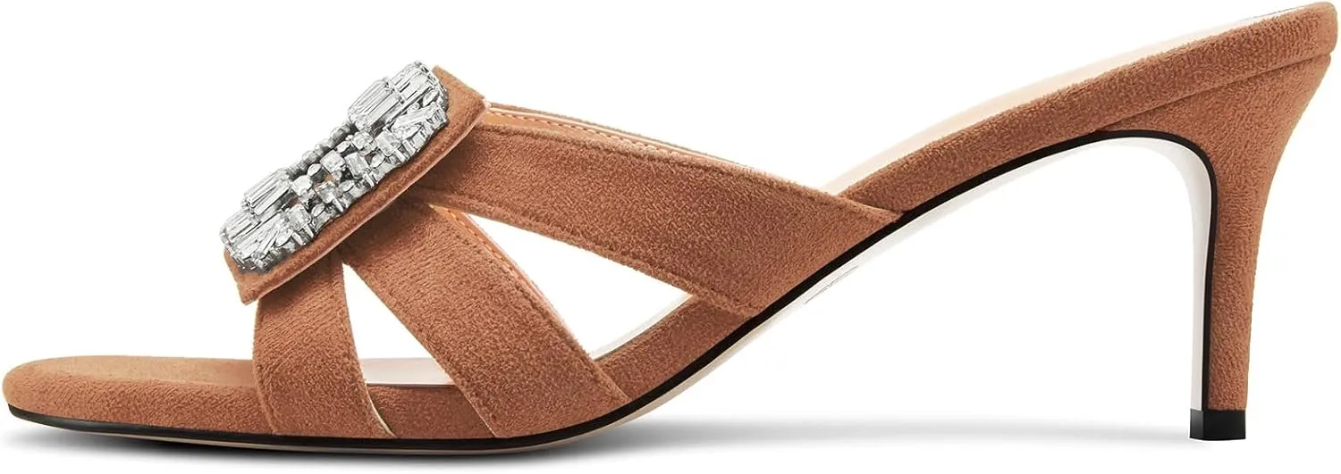Castamere Womens Mid Heel Open Toe Slip-on Mules Shoes Sandals Rhinestone Crystal Gladiator Wedding Prom Casual 2.6 Inches Heels