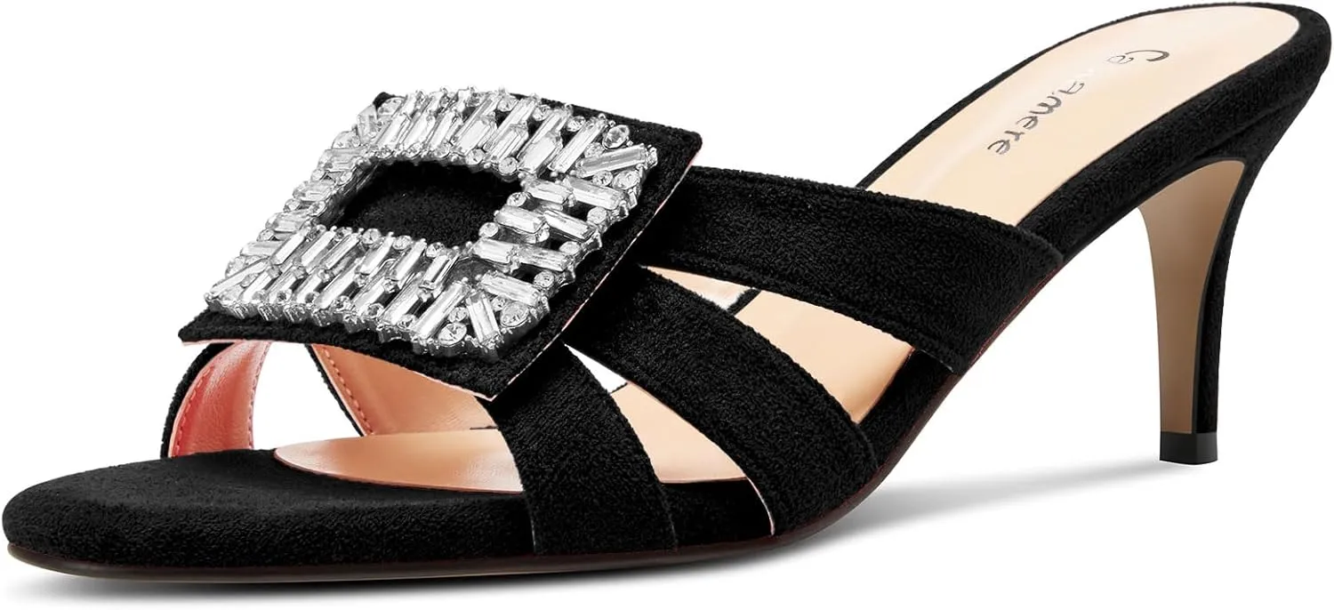 Castamere Womens Mid Heel Open Toe Slip-on Mules Shoes Sandals Rhinestone Crystal Gladiator Wedding Prom Casual 2.6 Inches Heels