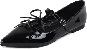 ChaiRong Zhou Women Mary Jane Flats Two Bowknot Patent Leather T-Straps Pointed Toe Casual Ballet Dress Shoes