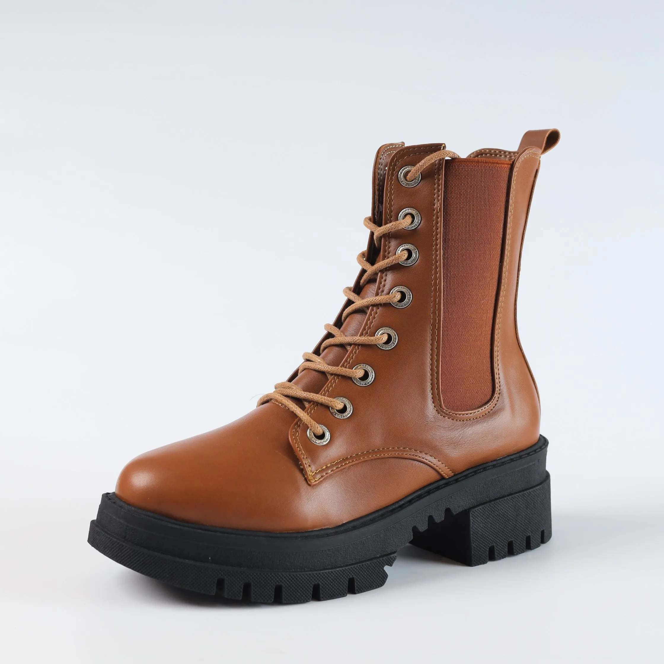 Chelsea Laceup & Zipper Plain Leather Boots - Havane