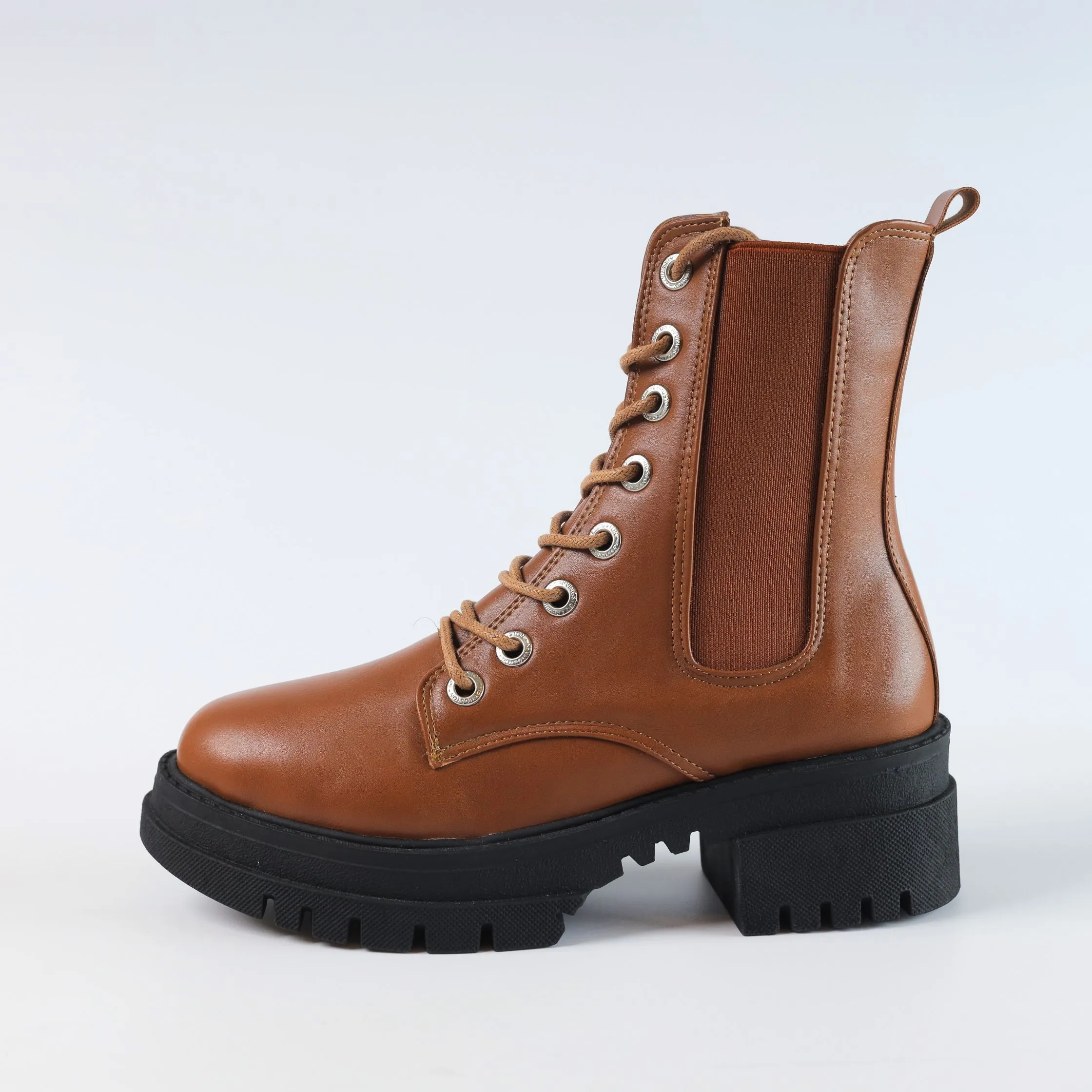 Chelsea Laceup & Zipper Plain Leather Boots - Havane