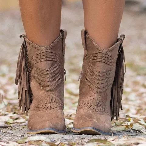 Chicvane Women's Tassels Chunky Heel Mid Calf Boots With Zipper