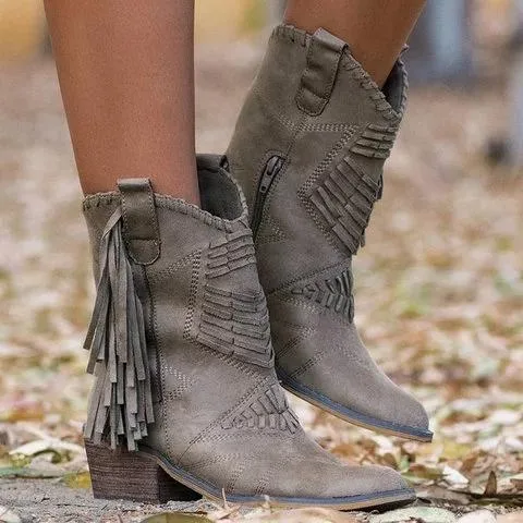 Chicvane Women's Tassels Chunky Heel Mid Calf Boots With Zipper