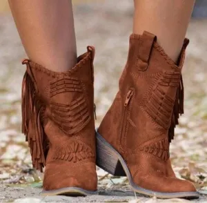 Chicvane Women's Tassels Chunky Heel Mid Calf Boots With Zipper