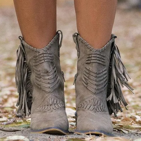 Chicvane Women's Tassels Chunky Heel Mid Calf Boots With Zipper