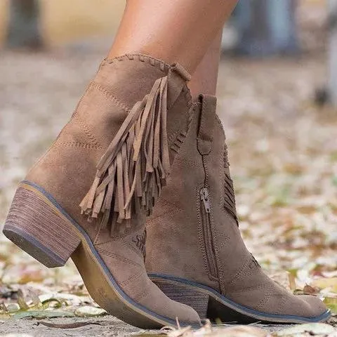 Chicvane Women's Tassels Chunky Heel Mid Calf Boots With Zipper