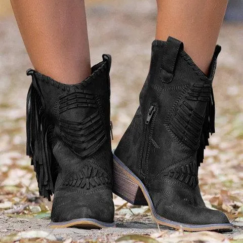 Chicvane Women's Tassels Chunky Heel Mid Calf Boots With Zipper