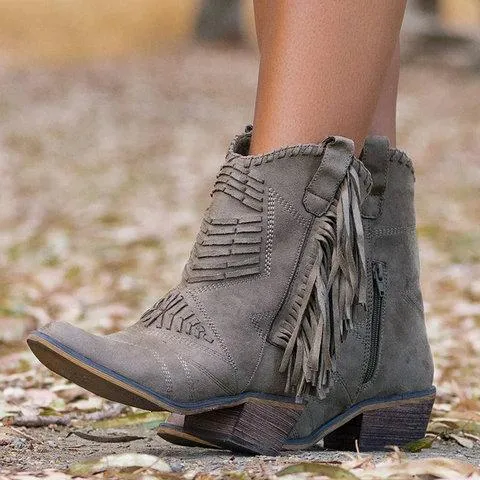 Chicvane Women's Tassels Chunky Heel Mid Calf Boots With Zipper