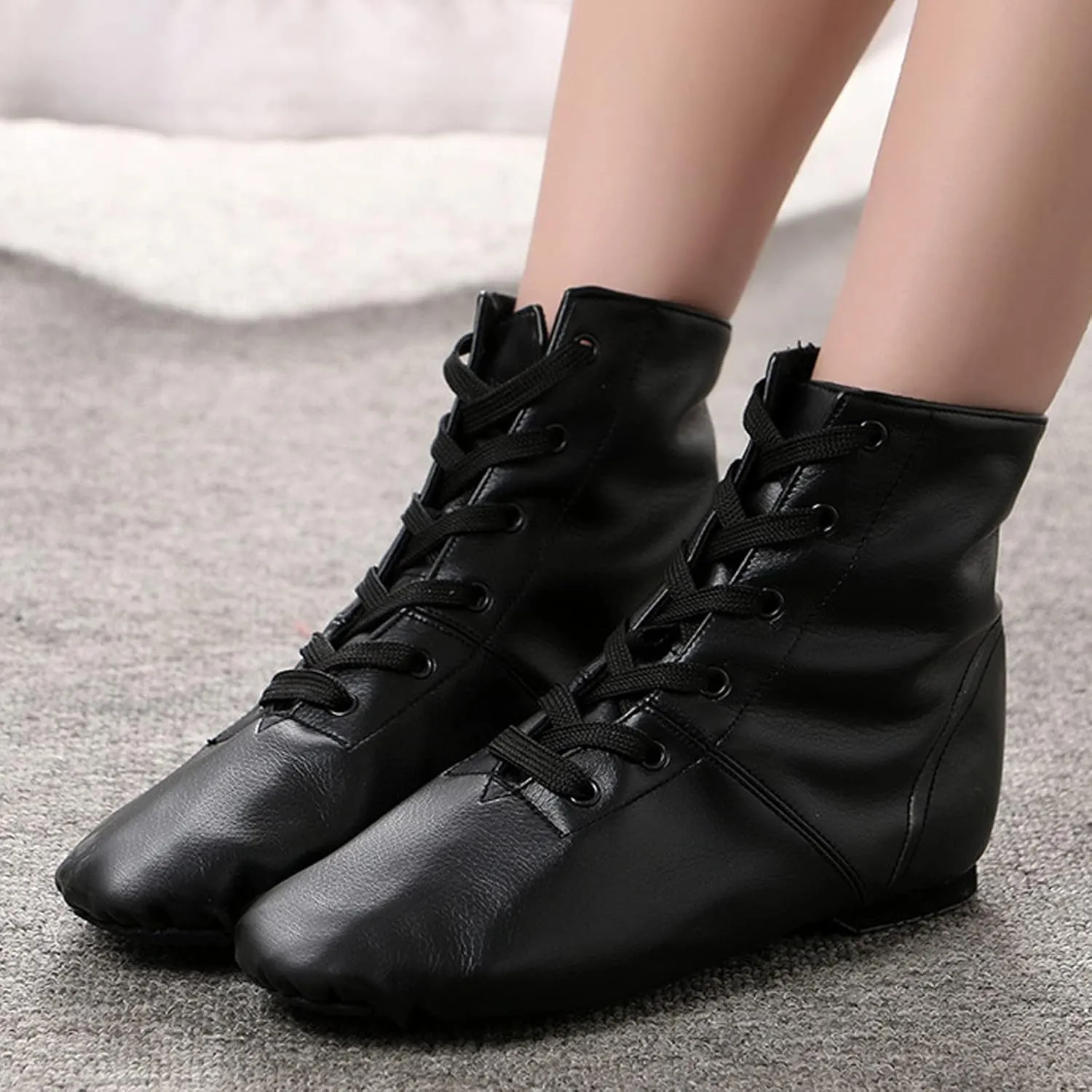 Childrens Practic Dancing Shoes Soft Leather Flat Lace-Up Jazz Boots Black Jazz Shoes Gymnastics Shoes Leather