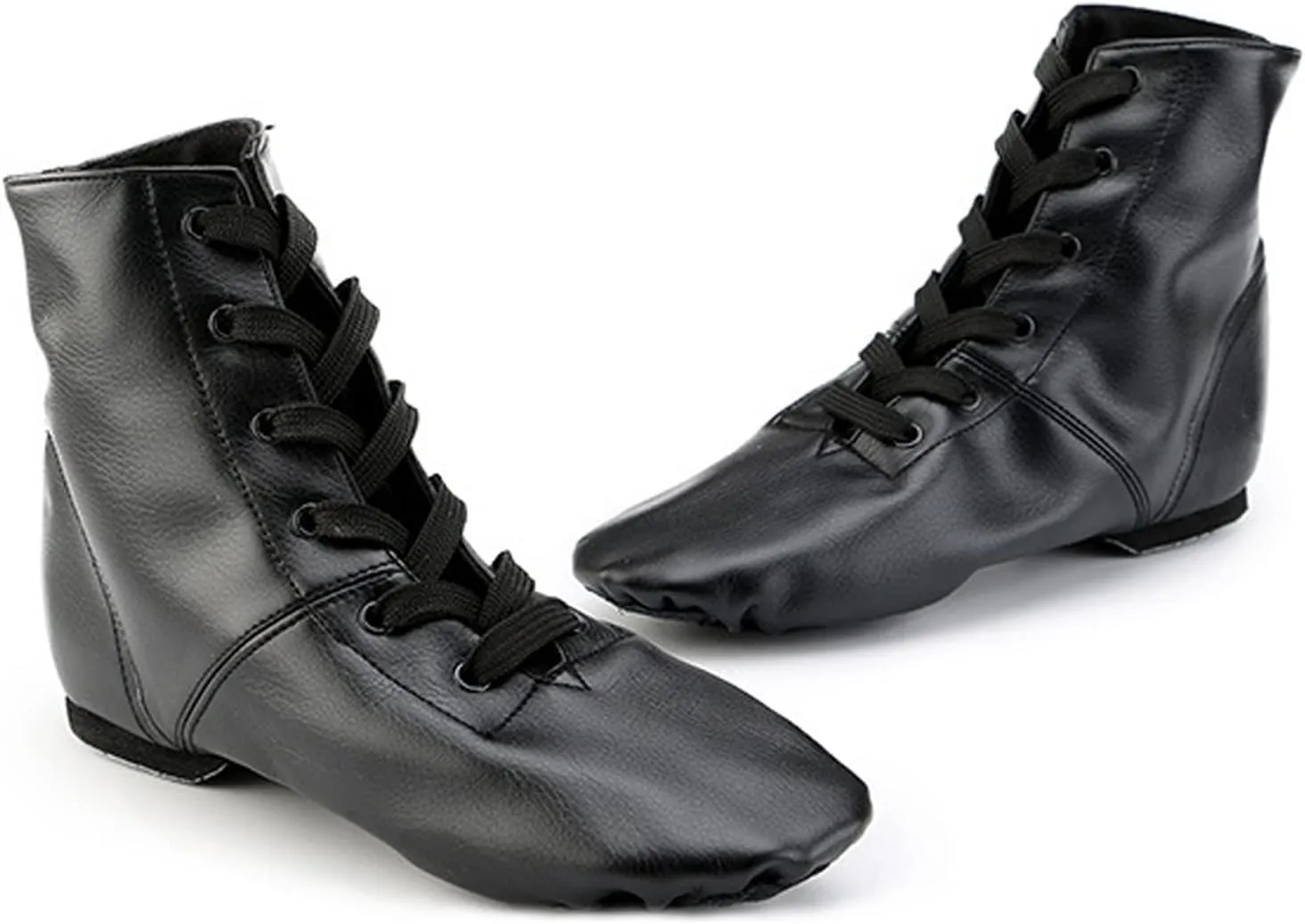 Childrens Practic Dancing Shoes Soft Leather Flat Lace-Up Jazz Boots Black Jazz Shoes Gymnastics Shoes Leather