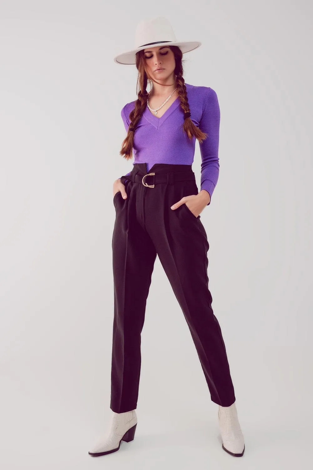 Cigarette Pants With Paper-Bag Waist In Black