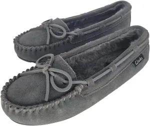 Clarks Women's Suede Bowknot Moccasin Slippers, LB0340 - Fuzzy Indoor/Outdoor Close Back Slip-Ons with Faux Fur Lining & Non-Slip Outsole - Women's Comfy Loafers for Driving Lounging & More, Grey, 9
