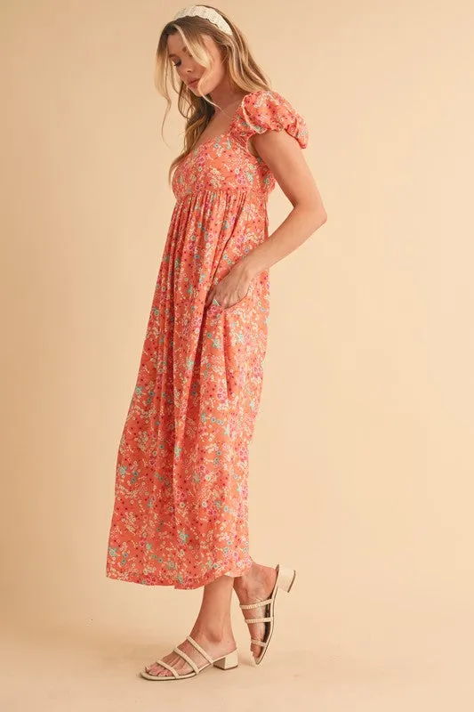 Cutout Back Floral Square Neck Puff Sleeve Midi Dress
