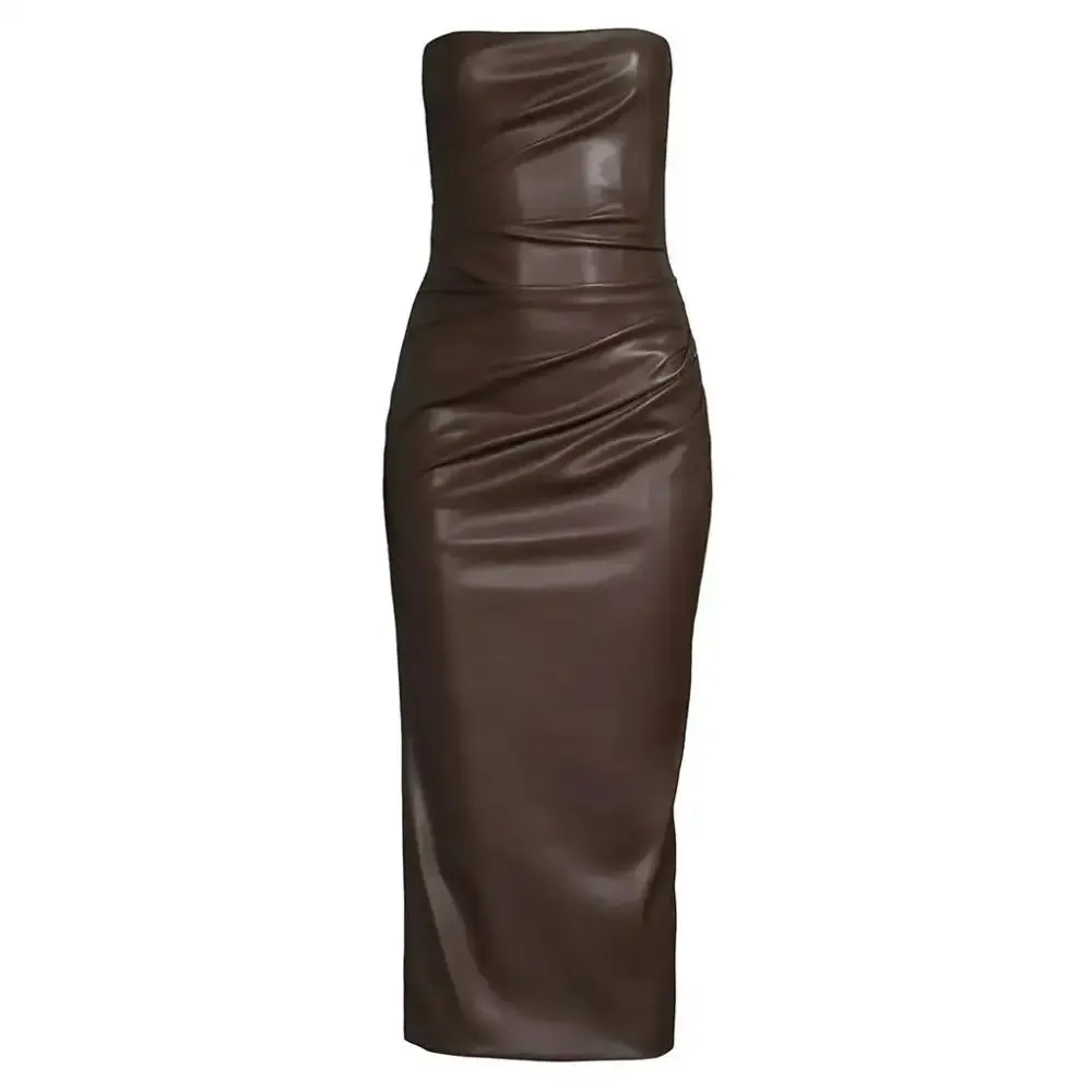 Dark Brown Tube Leather Dress – Minimal & Stylish Fall Edition