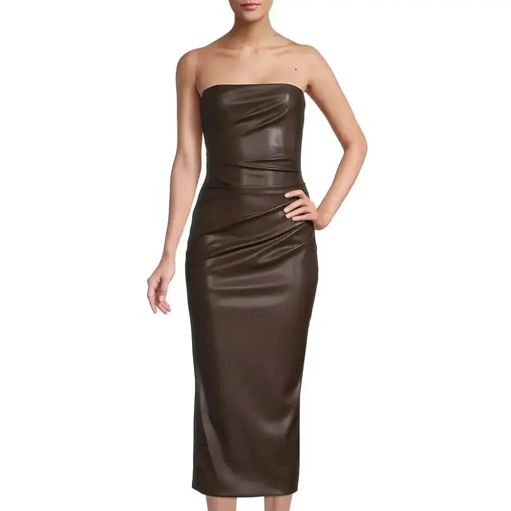 Dark Brown Tube Leather Dress – Minimal & Stylish Fall Edition
