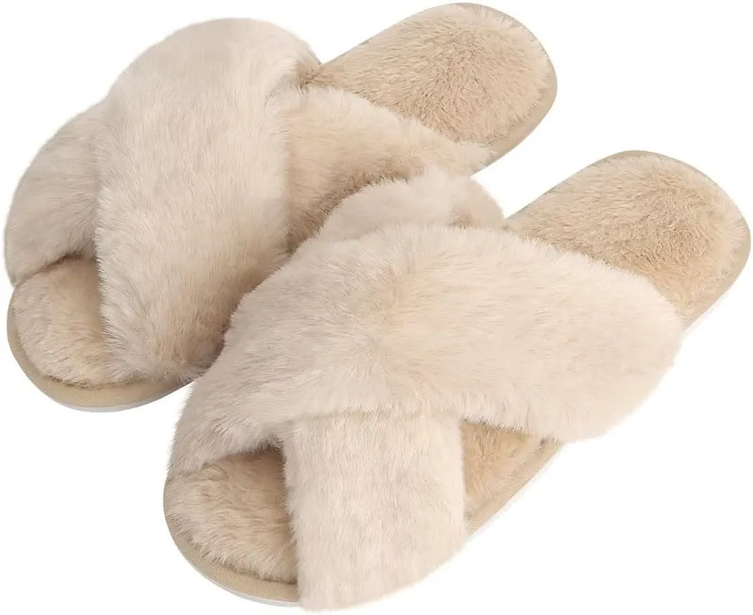 DOIOWN Women's Fuzzy Slippers Memory Foam Cute House Slippers Plush Fluffy Furry Open Toe Home Shoes Bridal Bridesmaid Gifts for Wedding