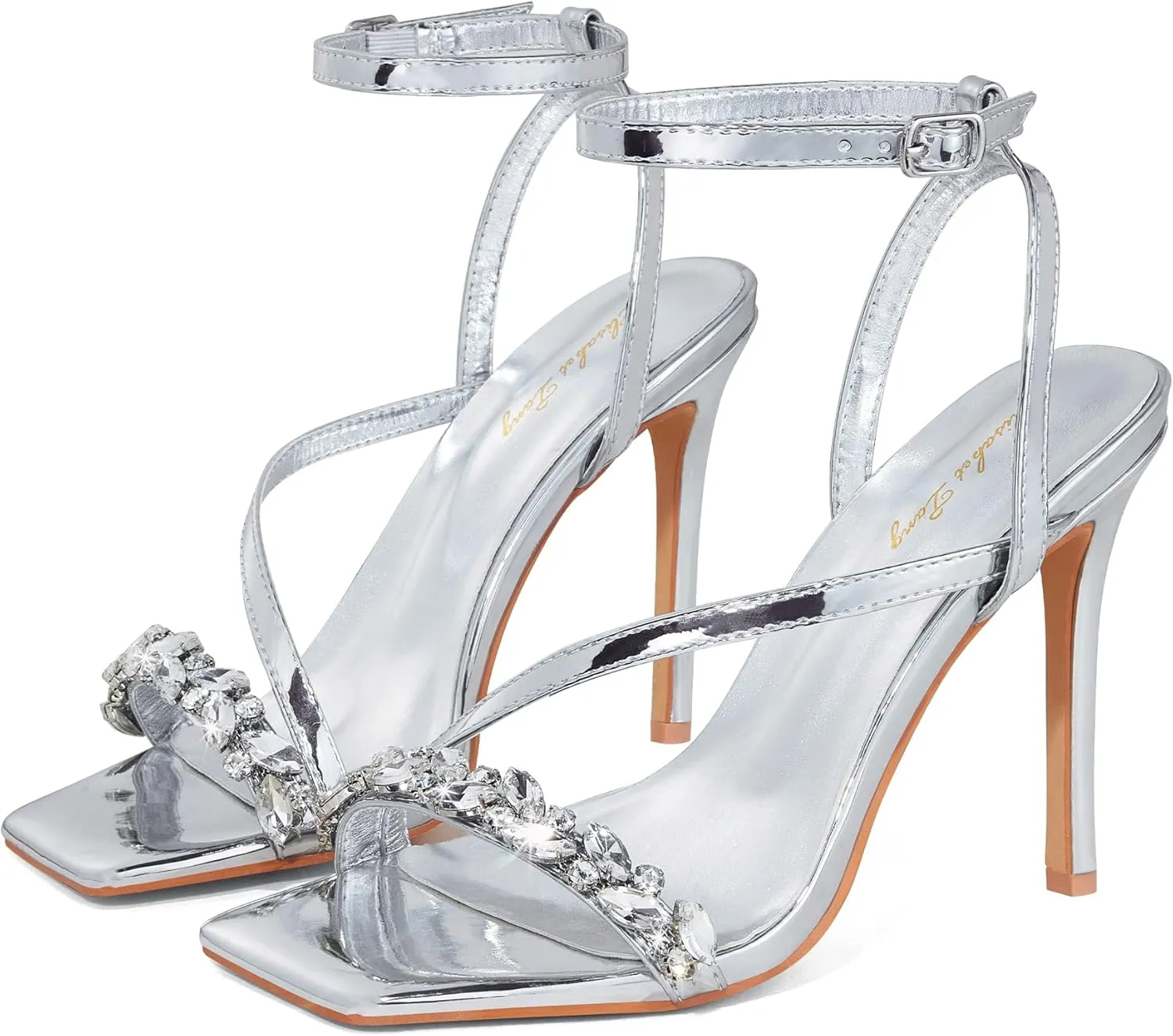 Elisabet Tang Womens Crystal Stilettos Heeled Sandals, 4 Inch Square Open Toe Strappy Sexy High Heels Ankle Strap Buckle Heels for Party Wedding Dress Daily Wear Shoes