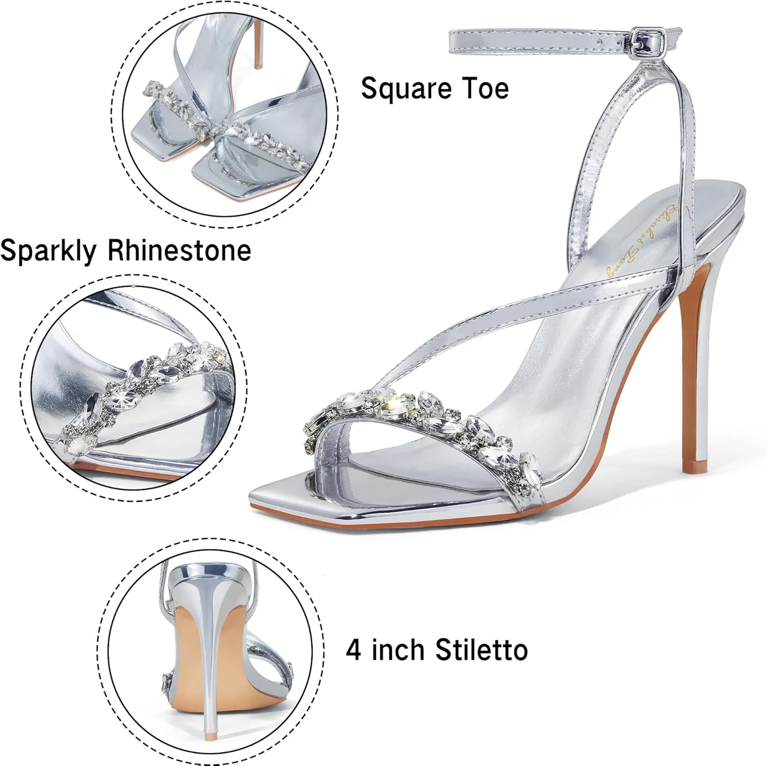 Elisabet Tang Womens Crystal Stilettos Heeled Sandals, 4 Inch Square Open Toe Strappy Sexy High Heels Ankle Strap Buckle Heels for Party Wedding Dress Daily Wear Shoes