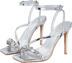 Elisabet Tang Womens Crystal Stilettos Heeled Sandals, 4 Inch Square Open Toe Strappy Sexy High Heels Ankle Strap Buckle Heels for Party Wedding Dress Daily Wear Shoes