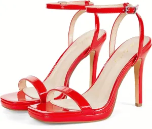 Elisabet Tang Womens Stilettos Heeled Sandals Open Square Toe Heels,4.3 Inch Open Toe Strappy Sexy High Heels Ankle Strap Buckle Heels for Party Wedding Dress Daily Wear Shoes