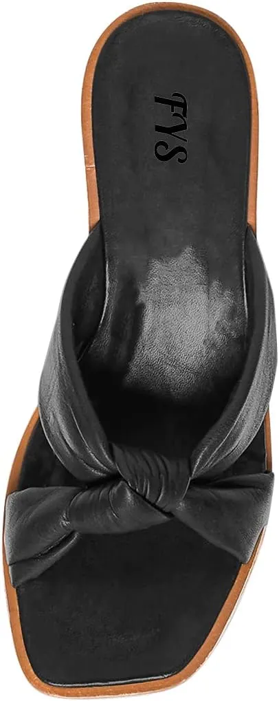 FYS Women Platform Square Open Toe Mules Wooden Chunky Mid Heels Slip on Cross Strap Bow Slide Sandals Dress Party Summer Fashion Shoes Size 4-15 US