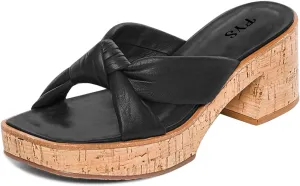FYS Women Platform Square Open Toe Mules Wooden Chunky Mid Heels Slip on Cross Strap Bow Slide Sandals Dress Party Summer Fashion Shoes Size 4-15 US