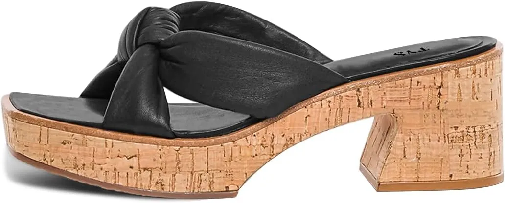 FYS Women Platform Square Open Toe Mules Wooden Chunky Mid Heels Slip on Cross Strap Bow Slide Sandals Dress Party Summer Fashion Shoes Size 4-15 US