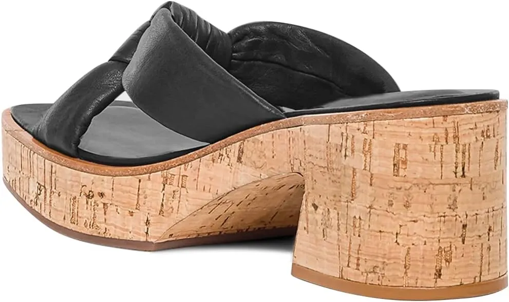 FYS Women Platform Square Open Toe Mules Wooden Chunky Mid Heels Slip on Cross Strap Bow Slide Sandals Dress Party Summer Fashion Shoes Size 4-15 US