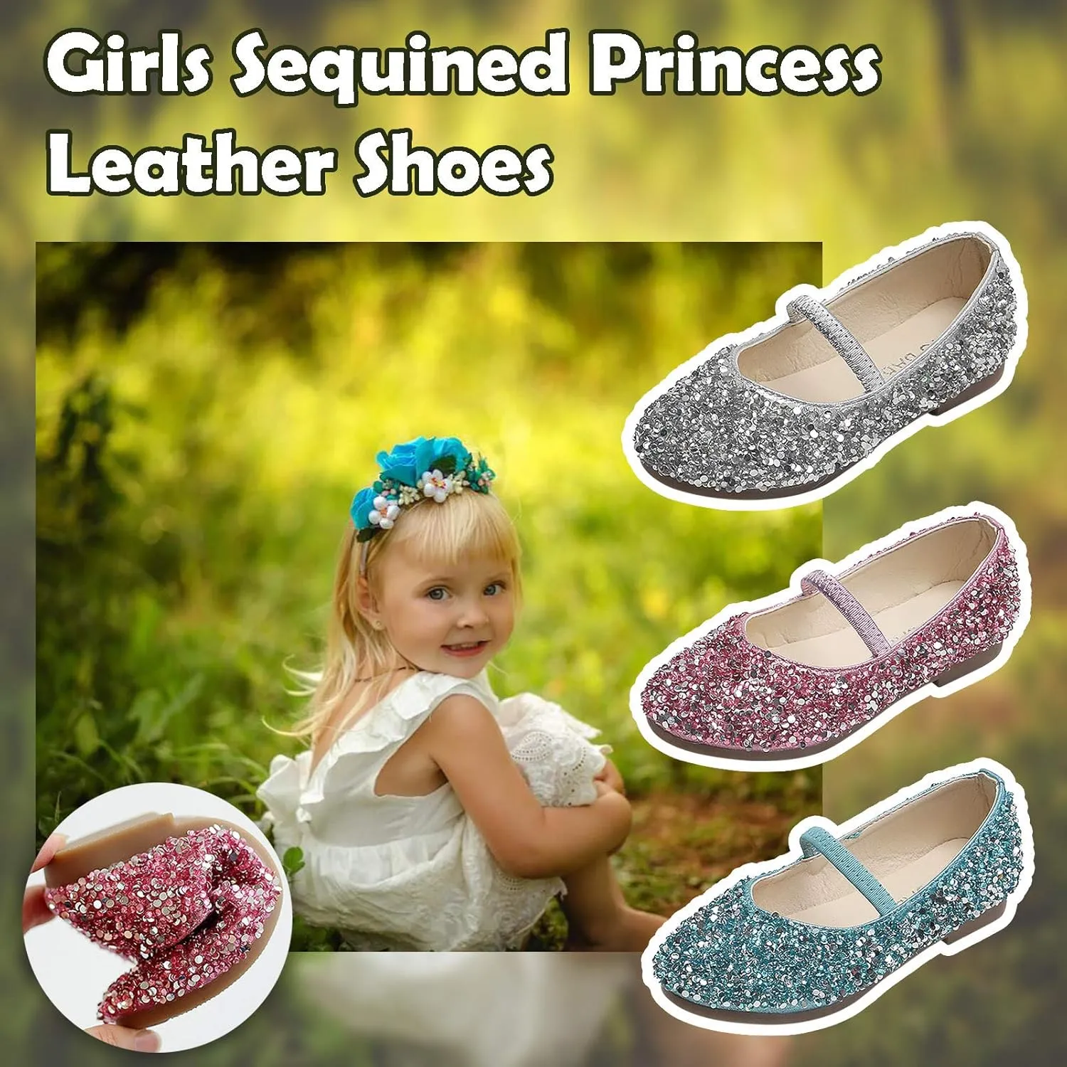 Girls Dress Shoes Glitter Princess Shoe Flower Mary Jane Low Heels Party Wedding Prom Footwear for Toddler Kids