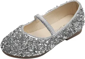 Girls Dress Shoes Glitter Princess Shoe Flower Mary Jane Low Heels Party Wedding Prom Footwear for Toddler Kids