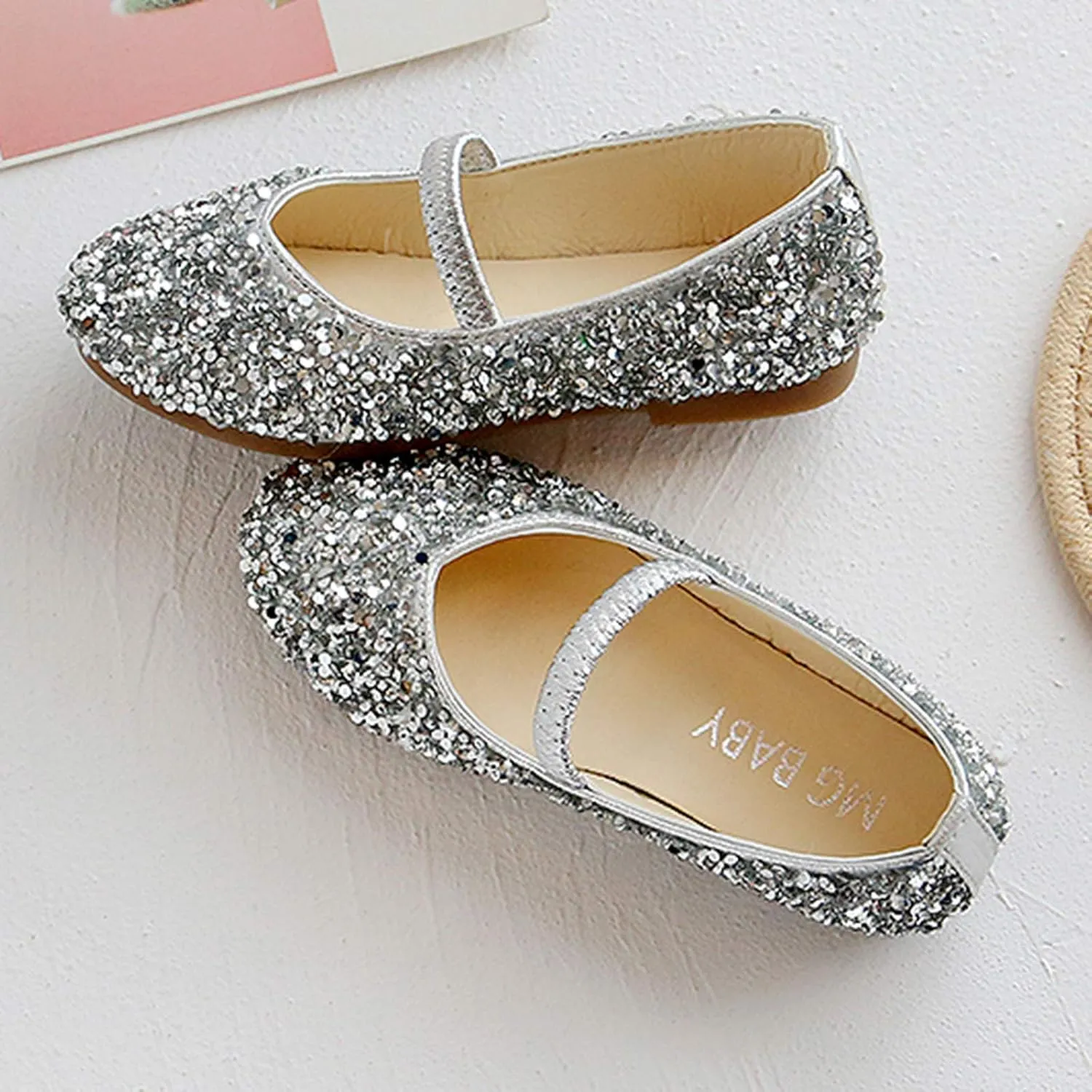 Girls Dress Shoes Glitter Princess Shoe Flower Mary Jane Low Heels Party Wedding Prom Footwear for Toddler Kids