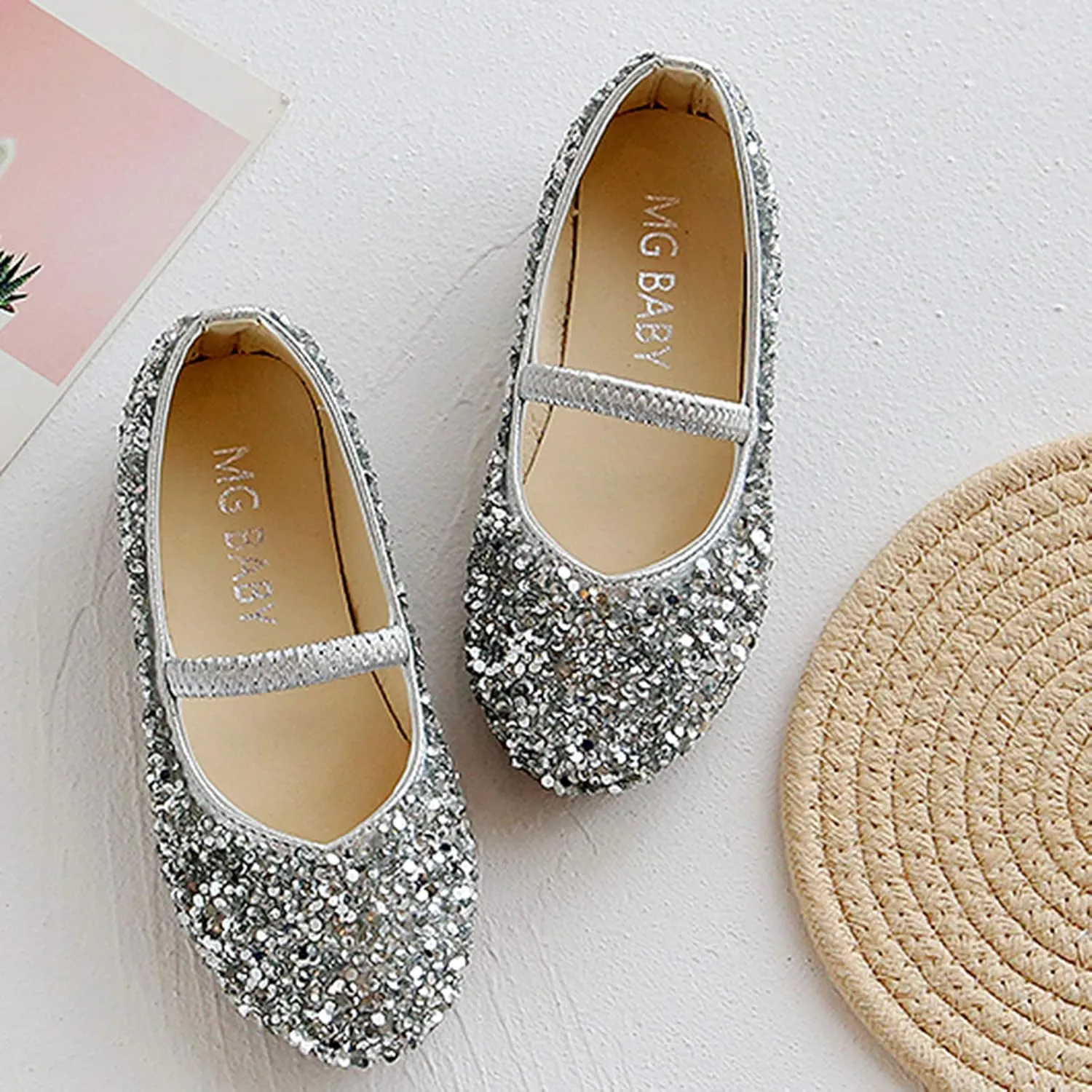 Girls Dress Shoes Glitter Princess Shoe Flower Mary Jane Low Heels Party Wedding Prom Footwear for Toddler Kids