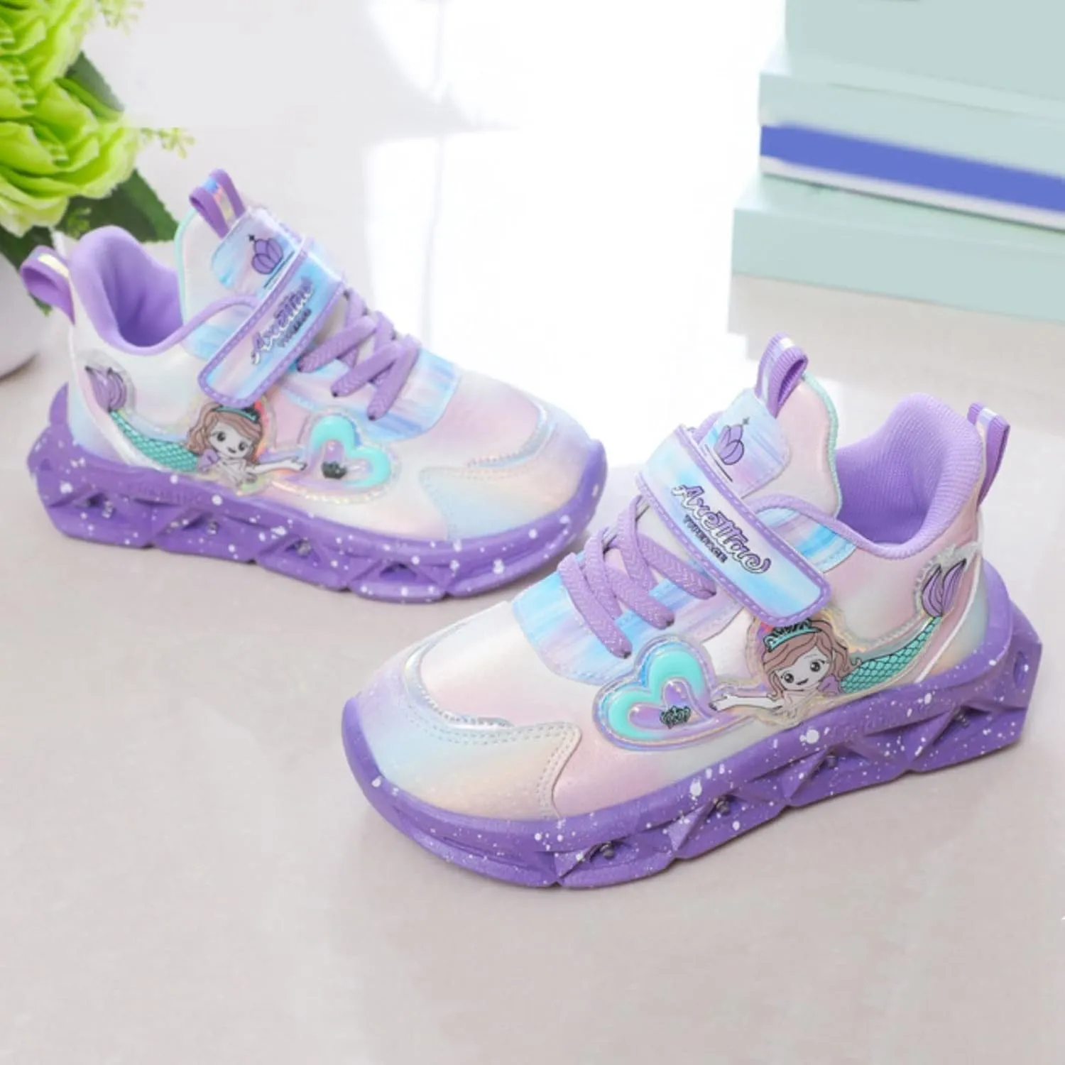 Girls Light Up Princess Shoes Slip On Sneakers Mermaid Shoes Breathable Mesh Sneakers Lightweight for Kids Toddler