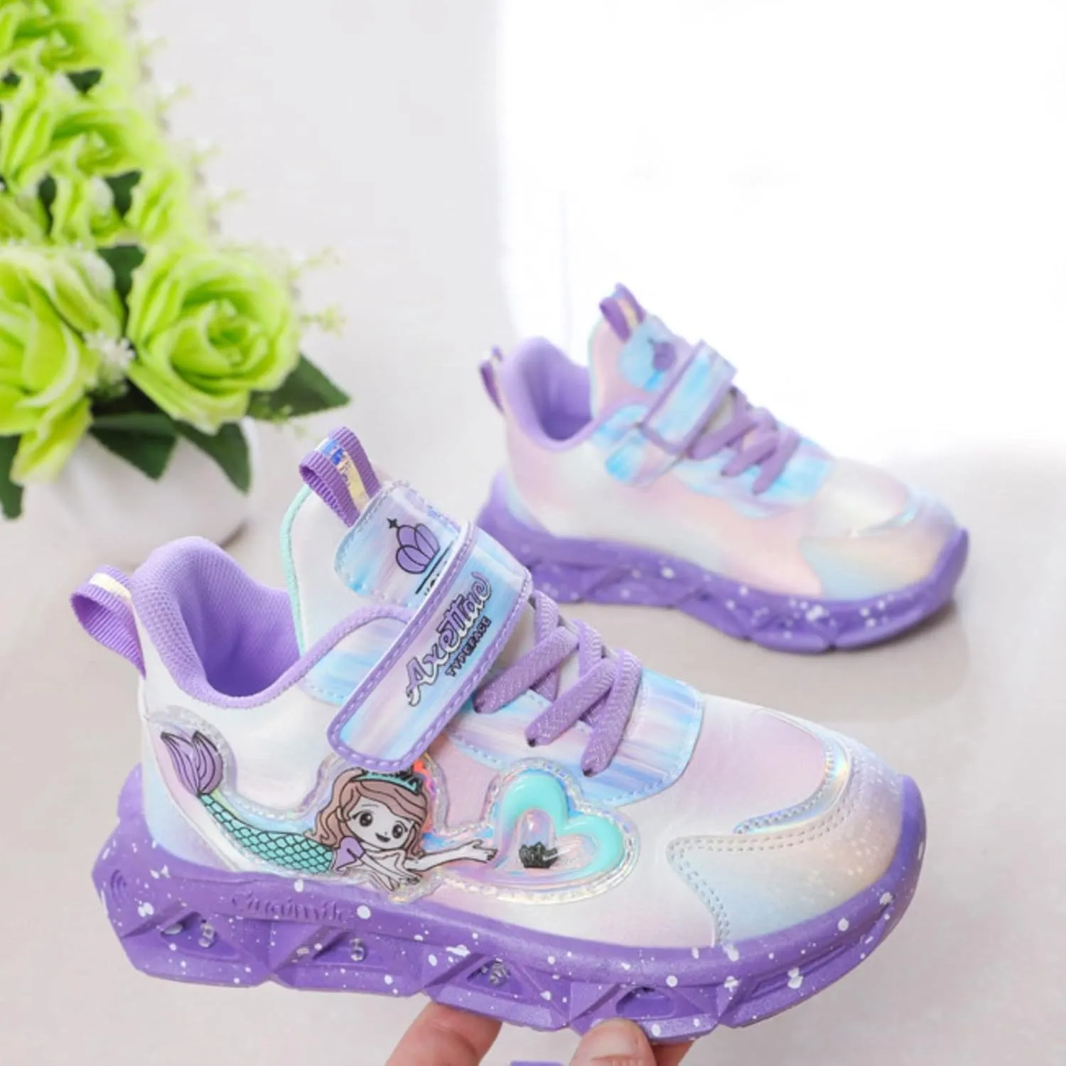 Girls Light Up Princess Shoes Slip On Sneakers Mermaid Shoes Breathable Mesh Sneakers Lightweight for Kids Toddler
