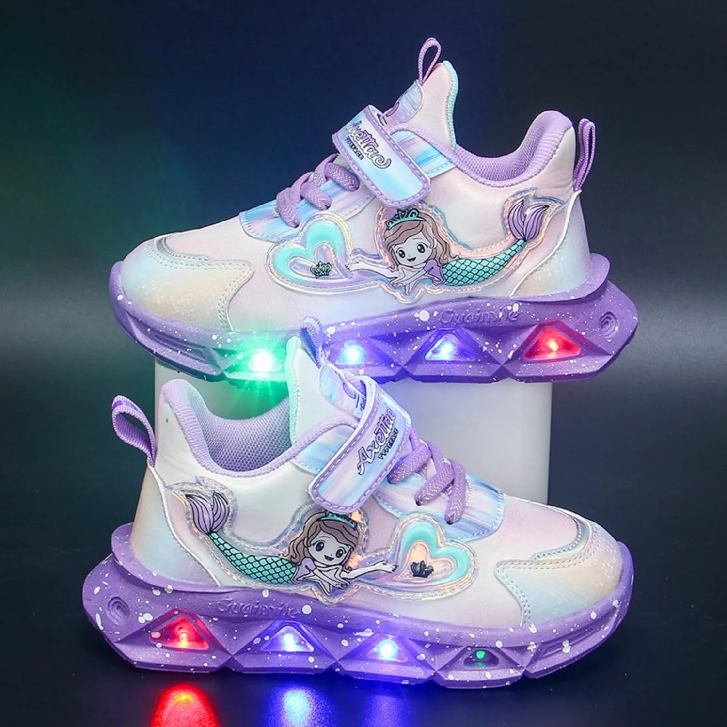 Girls Light Up Princess Shoes Slip On Sneakers Mermaid Shoes Breathable Mesh Sneakers Lightweight for Kids Toddler
