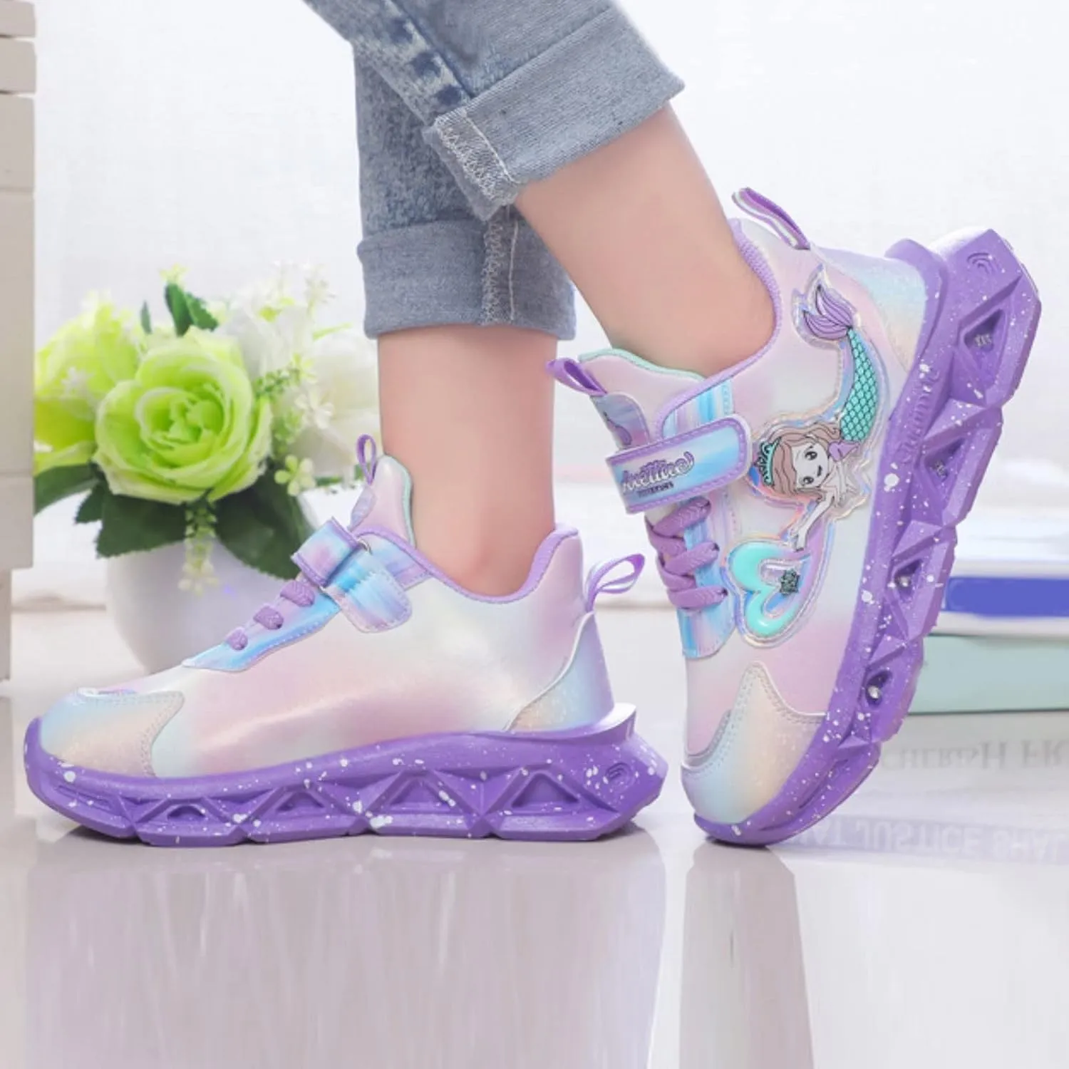 Girls Light Up Princess Shoes Slip On Sneakers Mermaid Shoes Breathable Mesh Sneakers Lightweight for Kids Toddler