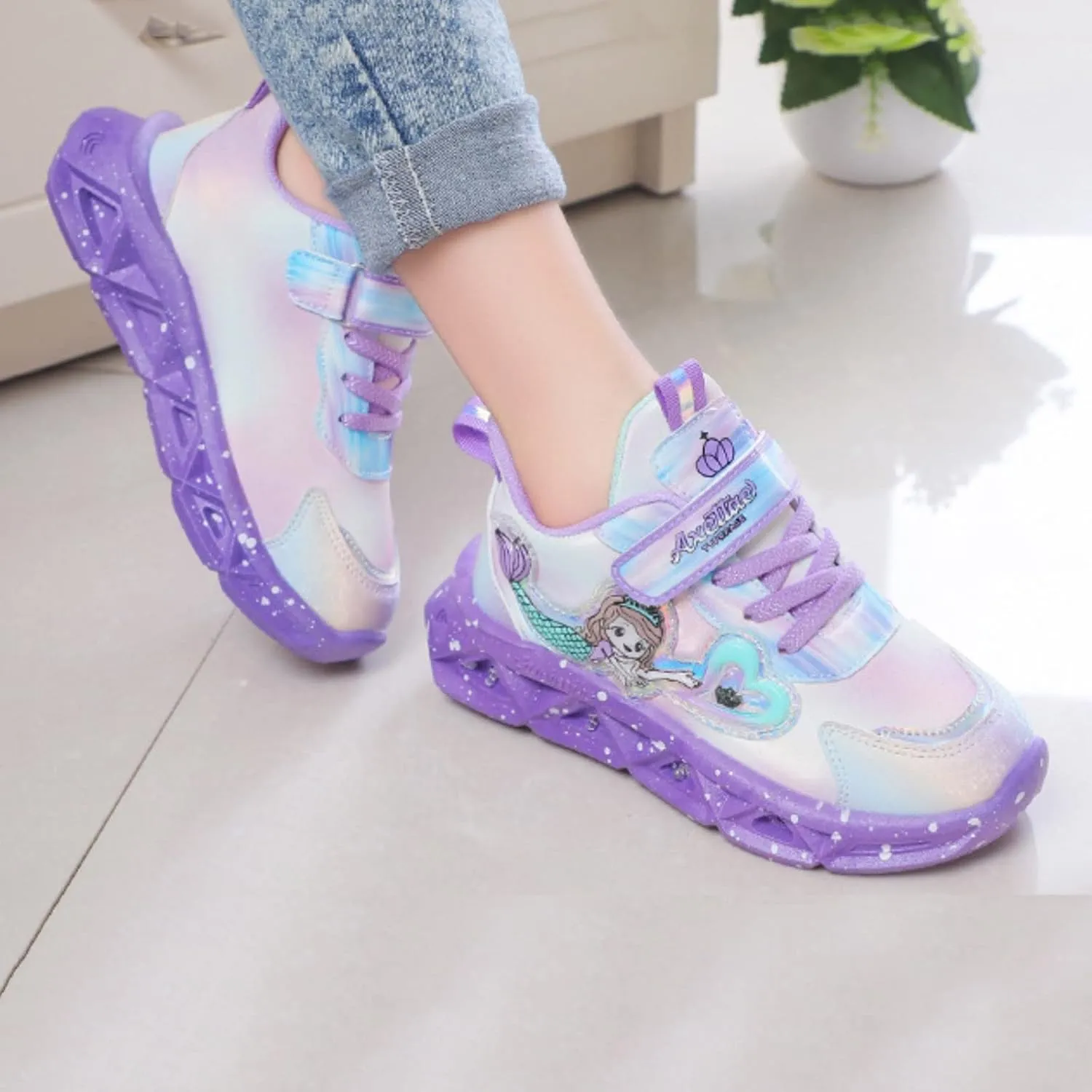 Girls Light Up Princess Shoes Slip On Sneakers Mermaid Shoes Breathable Mesh Sneakers Lightweight for Kids Toddler